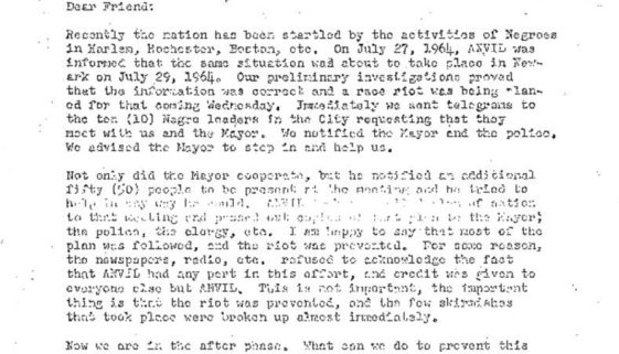 thumbnail of Anvil Letter on potential rebellion in Newark (July 27, 1964)