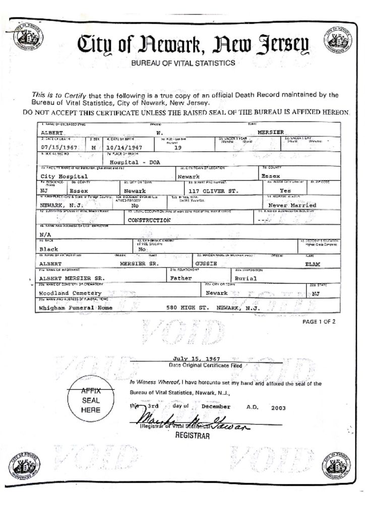 Death Certificate of Albert Mersier, Jr.