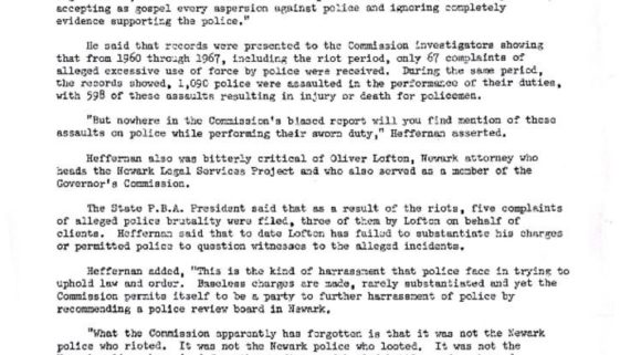 thumbnail of NJ State PBA Press Release on Gov Commission Report, Feb 19 1968
