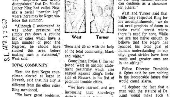 thumbnail of Newark councilmen spurn King’s ‘powder keg’ tag (Star-Ledger April 19, 1967)