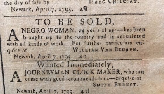 Advertisement for Slave Sale (Woods's Newark Gazette- April 8, 1795)