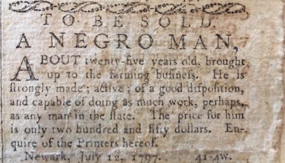 Advertisement of Slave Sale (The Centinel of Freedom- July 12, 1797)