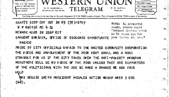 thumbnail of Bessie Smith Telegram to Sargent Shriver (Oct. 28,1965)