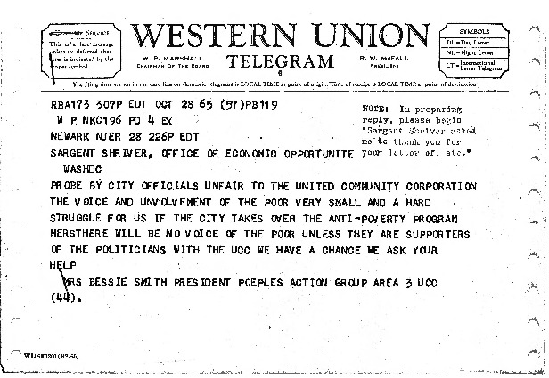 Telegram from Bessie Smith to Sargent Shriver