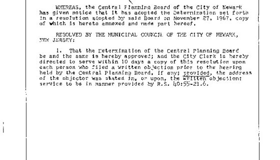 thumbnail of City of Newark Resolution Approving Determination of the Central Planning Board that UMDNJ Site is a Blighted Area, Dec 6, 1967 copy