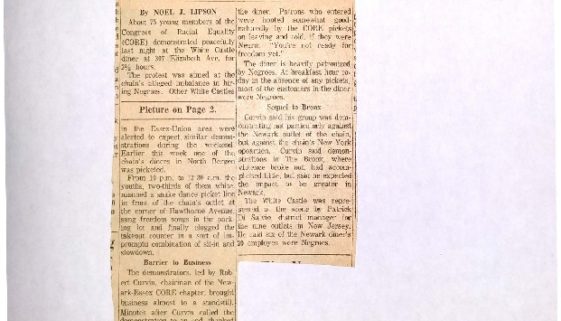 thumbnail of Diner Picketed- CORE at Newark White Castle (Newark Evening News July 20, 1963)