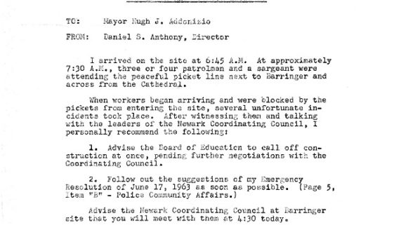 thumbnail of Emergency Memo on Barringer HS Incident from Daniel Anthony to Addonizio- Jul 3, 1963