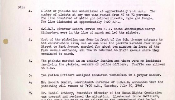 thumbnail of Newark Police Memo on CORE Demonstrations at Barringer (July 29, 1963)