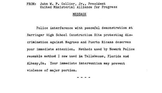 thumbnail of Telegram from John Collier to JFK, RFK, Gov. Hughes, Arthur Sills, and Mayor Addonizio