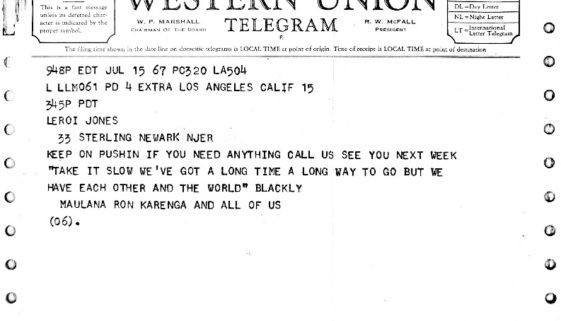 thumbnail of Telegram from Ron Karenga to LeRoi Jones (July 15, 1967)