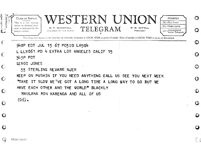 Telegram from Ron Karenga to LeRoi Jones