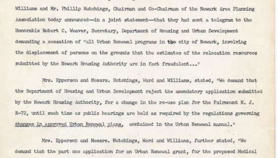 thumbnail of Committee Against Negro and Puerto Rican Removal Press Release, Nov 27, 1967- Telegram sent to Weaver demanding cessation of all urban renewal programs in Newark