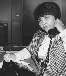 Photograph of Louise Epperson from 1970. Mrs. Epperson, chair of the Committee Against Negro and Puerto Rican Removal, was instrumental in organizing opposition to the plans for a medical school in the Central Ward that would have displaced thousands of Black and Puerto Rican residents. -- Credit: Newark Public Library 