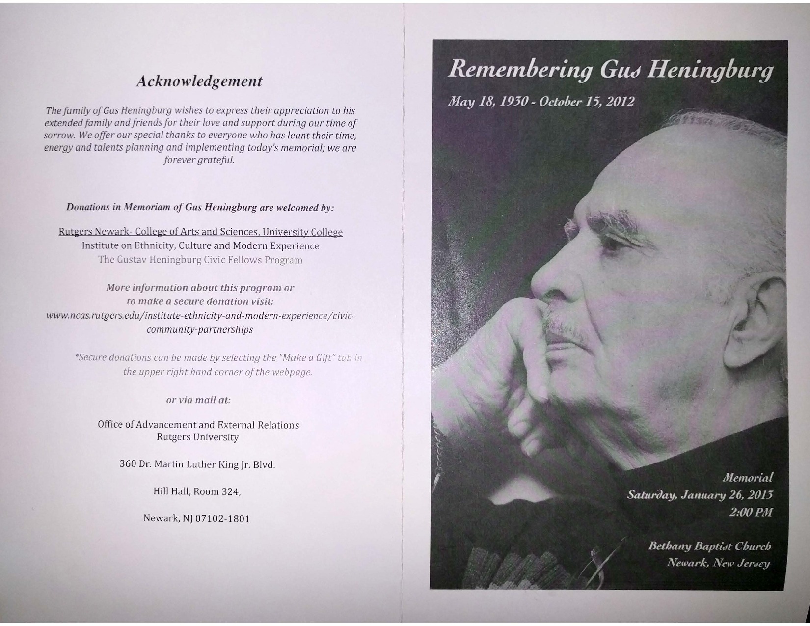 Program from Gustav Heningburg Memorial Service