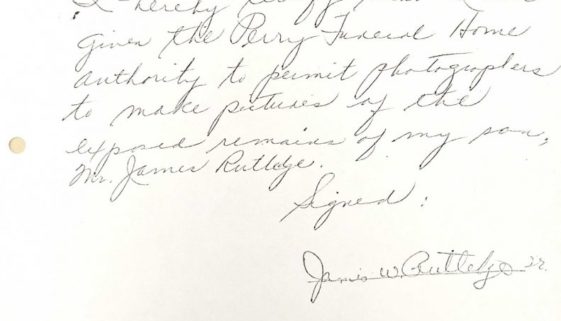 thumbnail of Handwritten Notice of James Rutledge Sr Giving Permission for Photographs of his son’s body (C-54)