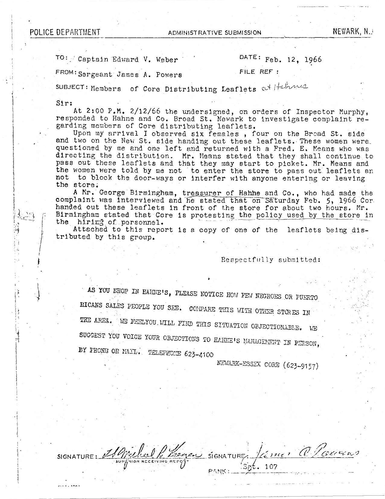 Police Report on CORE Activity, 1966