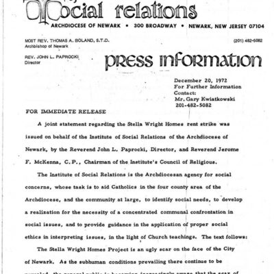 Institute of Social Relations Press Release on Stella Wright Rent Strike (Dec 20, 1972)