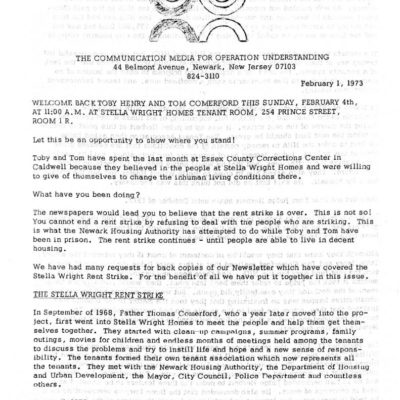 Operation Understanding Newsletter on Stella Wright Rent Strike (Feb 1, 1973)