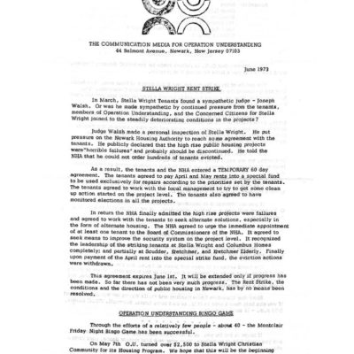 Operation Understanding Newsletter on Stella Wright Rent Strike (June 1973)