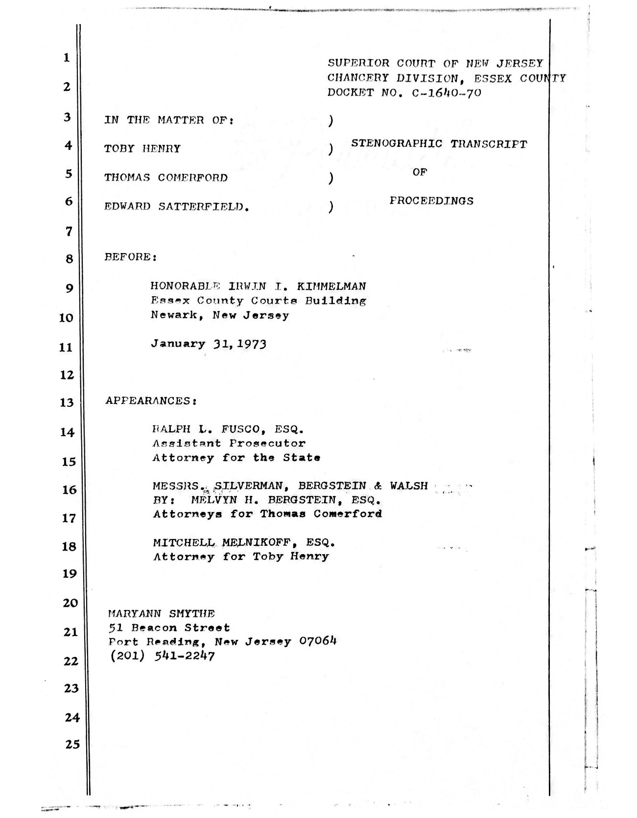 Court Transcript from Trial of Henry and Comerford (1973)