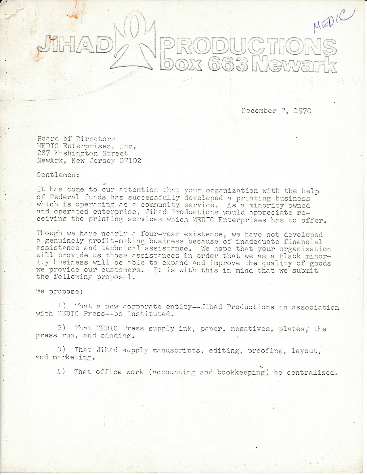 Letter from Jihad Productions to MEDIC Press (1970)