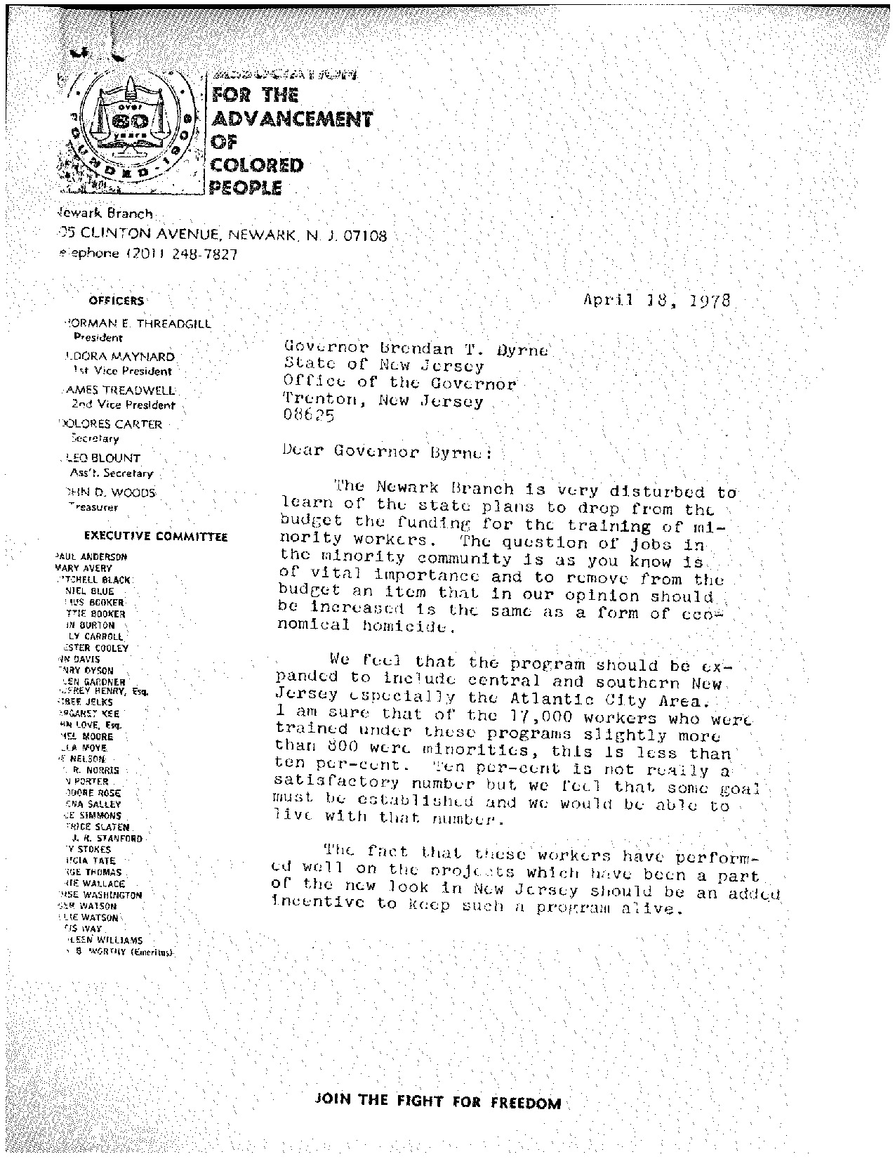 Newark NAACP Letter to Gov. Byrne (1978)